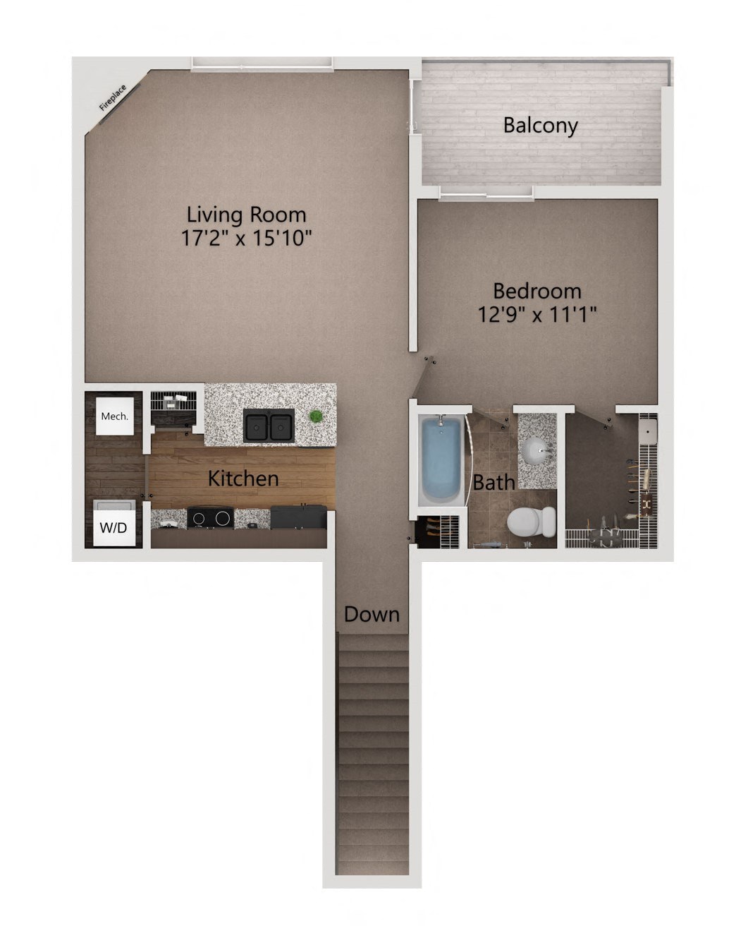 Floor plan for 1 bed, 1 bath, 742 sqft